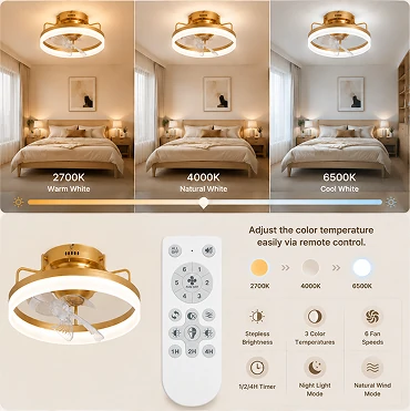 Air multiplier ceiling fan light displaying warm white neutral white and cool white lighting modes