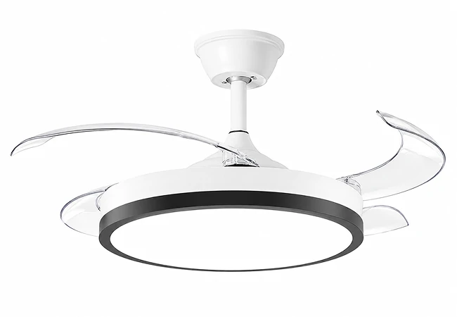 42 inch retractable ceiling fan with transparent blades and integrated LED light on white background