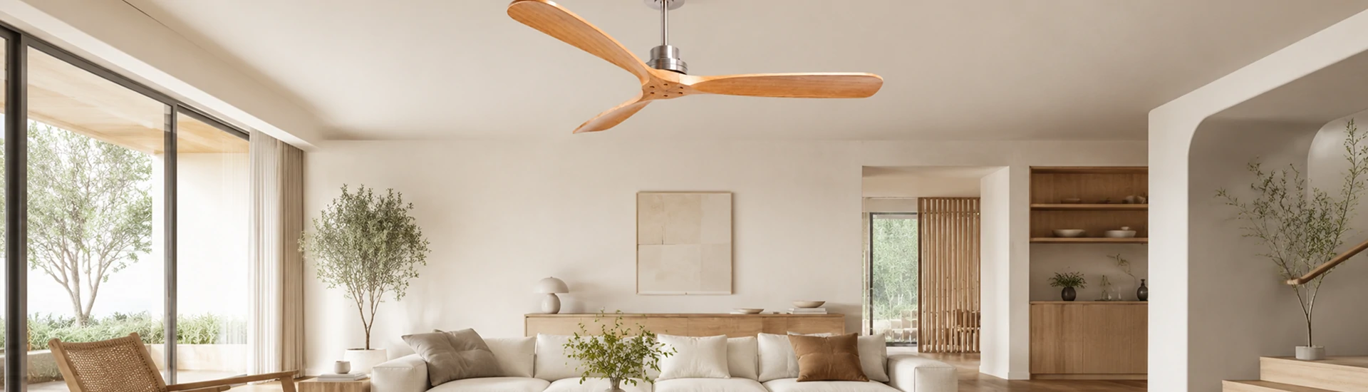 52 Inch Solid Wood Ceiling Fan No Light with Remote Control installed in a modern natural living room