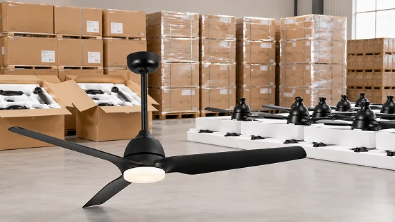 52 inch solid wood ceiling fan no light prepared for bulk project supply in an organized factory warehouse