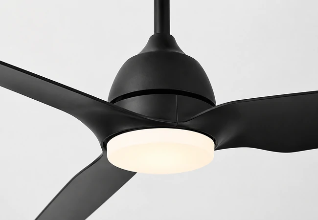 Close-up of 52 inch solid wood ceiling fan no light with remote control and matte black motor housing