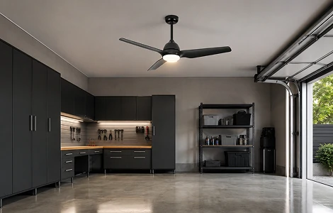 52 inch solid wood ceiling fan no light with remote control installed in a modern garage space