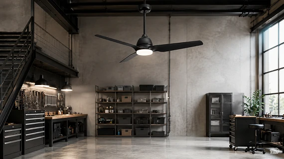 52 inch solid wood ceiling fan no light with remote control installed in a modern industrial garage space