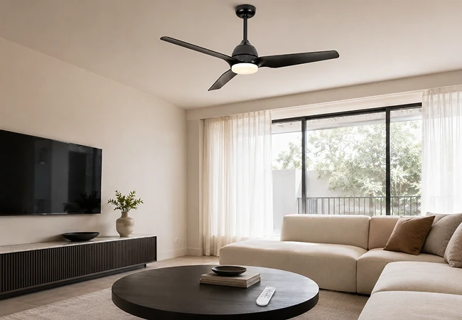 52 inch solid wood ceiling fan no light with remote control installed in a modern living room