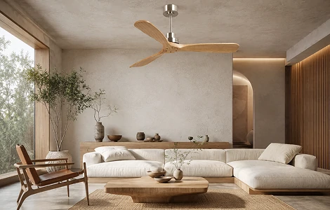 52 Inch Solid Wood Ceiling Fan No Light with Remote Control in a minimalist modern interior