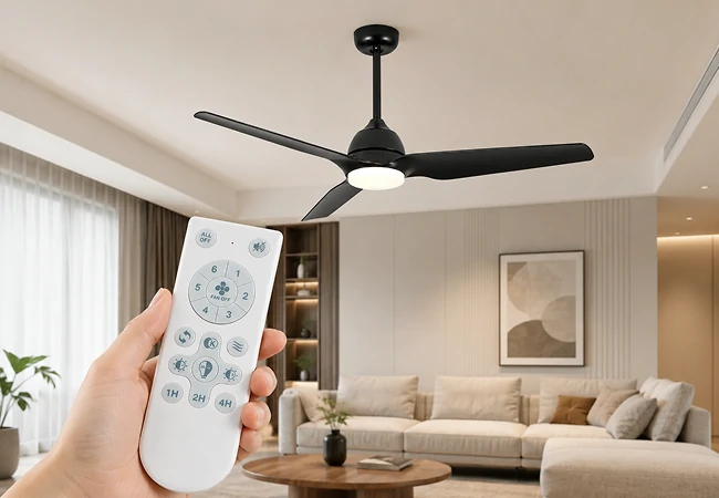 Remote control for 52 inch solid wood ceiling fan no light in a modern residential interior