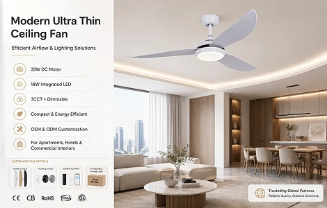 52 inch ultra thin ceiling fan with light installed in modern living room showing OEM ODM supplier solution for global residential projects