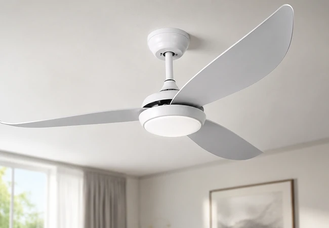 52 inch ultra thin ceiling fan with light installed in modern living room showing flush mount residential design for OEM ODM supplier solution