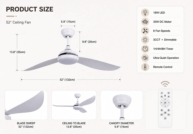 52 inch ultra thin ceiling fan with light technical size visualization showing engineering proportions for OEM ODM product specification