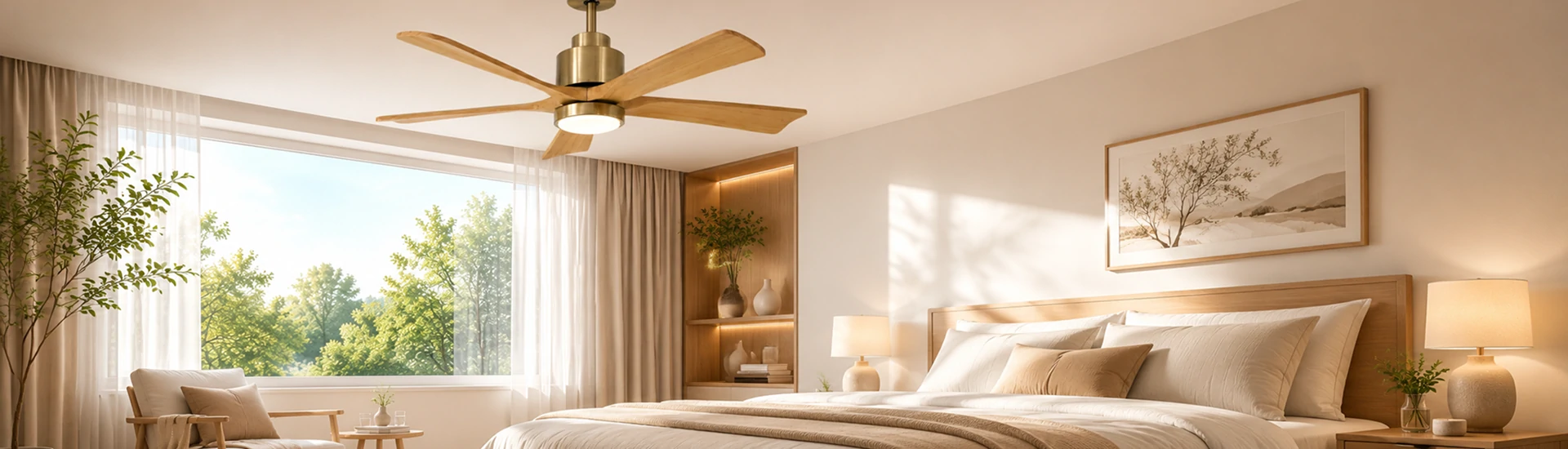 52 inch vintage ceiling fan with remote control and dimmable LED installed in a modern luxury bedroom