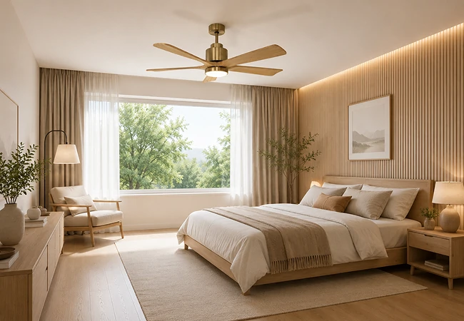 52 inch vintage ceiling fan with remote control installed in a modern farmhouse bedroom interior