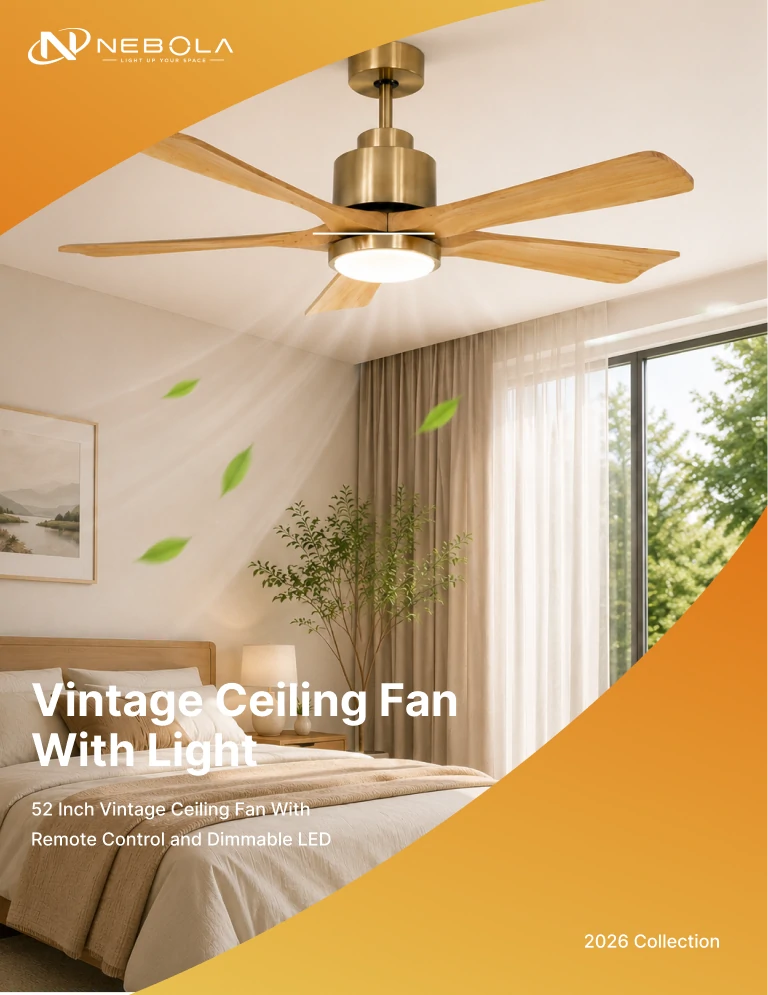 52 inch vintage ceiling fan with remote control and dimmable LED installed in a modern bedroom interior