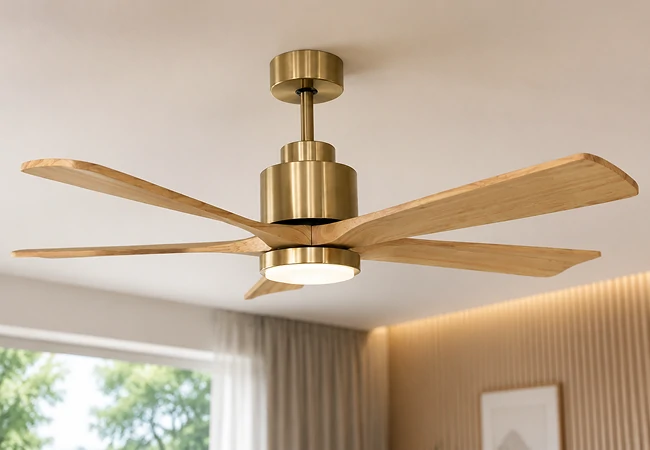 Close-up of a 52 inch vintage ceiling fan with remote control and dimmable LED light installed in a luxury bedroom