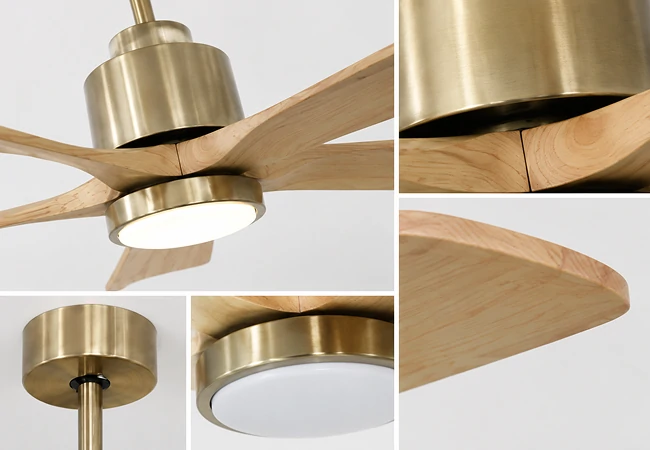 Detailed features of a 52 inch vintage ceiling fan showing brass finish, LED light and wood grain blades