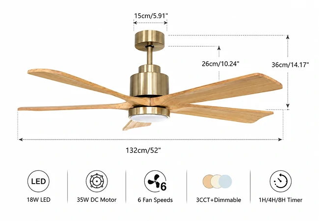Technical dimensions and specifications of a 52 inch vintage ceiling fan with remote control and dimmable LED light