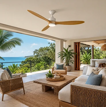 52 Inch White Oak Outdoor Ceiling Fan with LED Light and Remote for stable patio airflow coverage