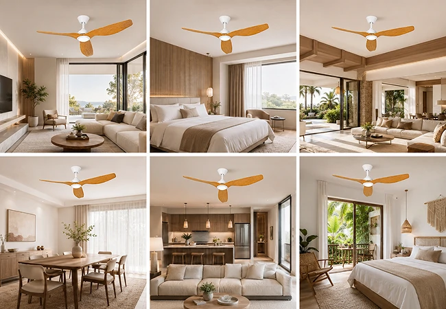 52 Inch White Oak Outdoor Ceiling Fan with LED Light and Remote used in home and resort spaces