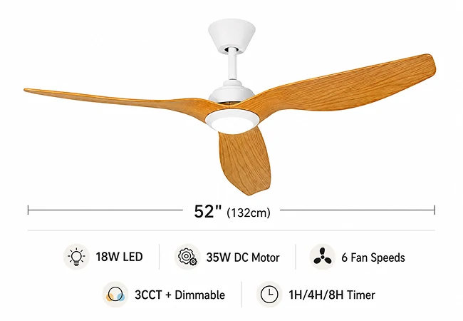 Close-up of white oak blades on a 52 Inch Outdoor Ceiling Fan with LED Light and Remote