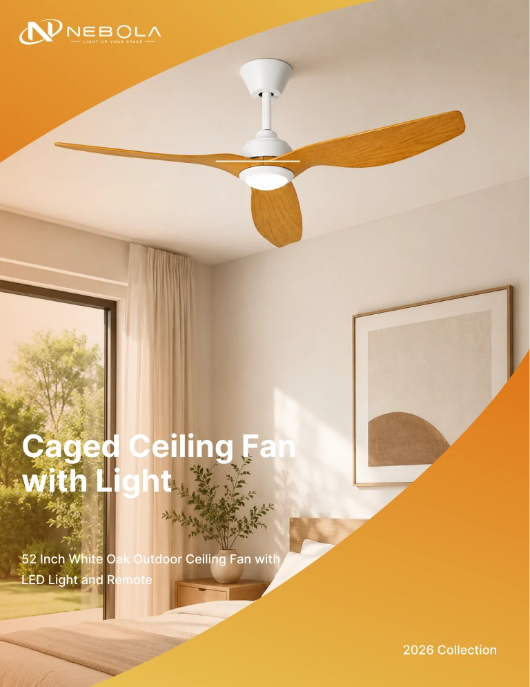 Close-up view of 52 Inch White Oak Outdoor Ceiling Fan with LED Light and Remote on ceiling