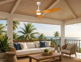 52 Inch White Oak Outdoor Ceiling Fan with LED Light and Remote for covered patio outdoor spaces