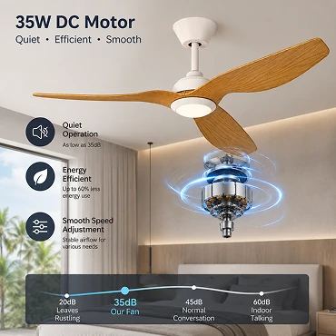 52 Inch White Oak Outdoor Ceiling Fan with LED Light and Remote with quiet DC motor design