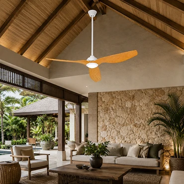 52 Inch White Oak Outdoor Ceiling Fan with LED Light and Remote with downrod patio installation
