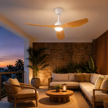 52 Inch White Oak Outdoor Ceiling Fan with LED Light and Remote showing soft dimmable patio lighting