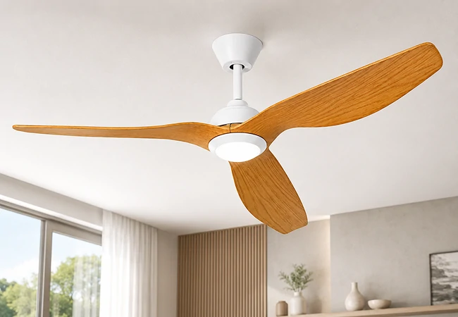 52 Inch White Oak Outdoor Ceiling Fan with LED Light and Remote installed in a bright covered patio room