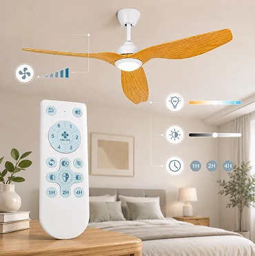52 Inch White Oak Outdoor Ceiling Fan with LED Light and Remote operated by a handheld controller
