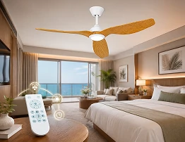 52 Inch White Oak Outdoor Ceiling Fan with LED Light and Remote showing convenient remote operation