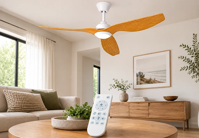 52 Inch White Oak Outdoor Ceiling Fan with LED Light and Remote shown with remote control in a patio room