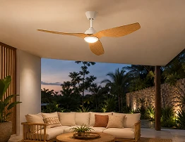 52 Inch White Oak Outdoor Ceiling Fan with LED Light and Remote combining airflow and lighting