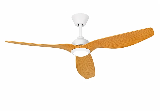 52 Inch White Oak Outdoor Ceiling Fan with LED Light and Remote on a clean white background