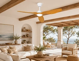 52 Inch White Oak Outdoor Ceiling Fan with LED Light and Remote in a classic white oak interior