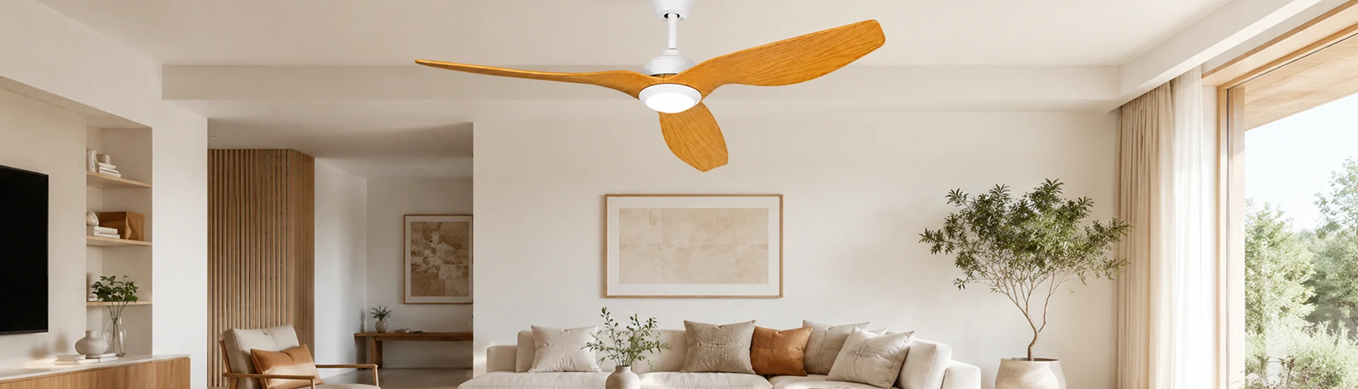 52 Inch White Oak Outdoor Ceiling Fan with LED Light and Remote installed in a covered patio space