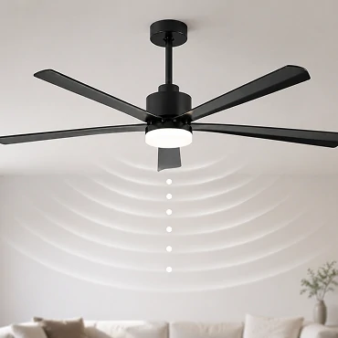modern 54 inch black ceiling fan demonstrating six speed air control system with adjustable airflow for different room comfort levels