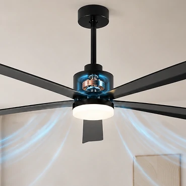 modern 54 inch black ceiling fan demonstrating six speed air control system with adjustable airflow for different room comfort levels