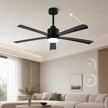 54 inch modern LED ceiling fan showing timer function options one hour and two hour settings for energy saving and smart home use