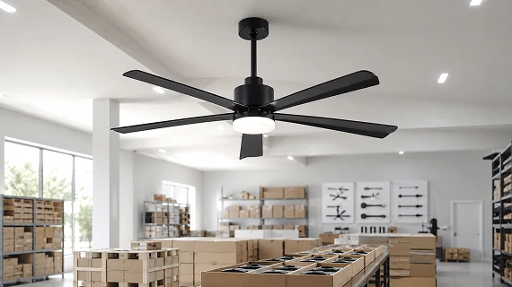 54 inch black modern LED ceiling fan installed in warehouse and engineering workspace showing wholesale production and OEM ODM project capability