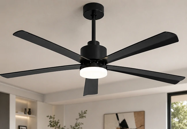 54 inch black modern LED ceiling fan installed in contemporary interior showing sleek minimalist design and integrated lighting performance