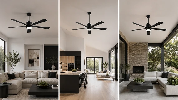 54 inch lamps plus black modern LED ceiling fan installed in elegant living room with minimalist furniture and large window natural lighting
