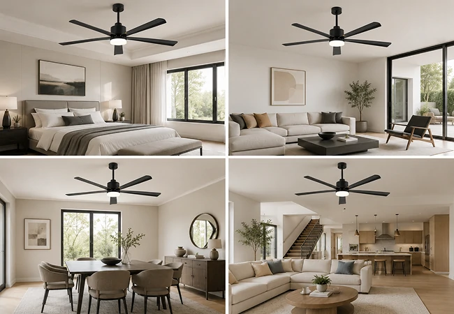 54 inch black modern LED ceiling fan installed in multiple residential interiors including bedroom living room dining and lounge spaces for modern homes