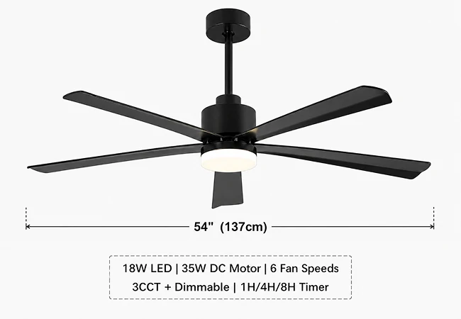 front view of 54 inch black modern LED ceiling fan showing detailed specifications clean product design and integrated lighting system for residential use