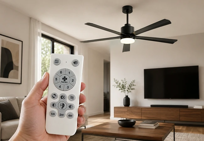 handheld remote controlling 54 inch black modern LED ceiling fan in a stylish living room interior with smart airflow and lighting control system