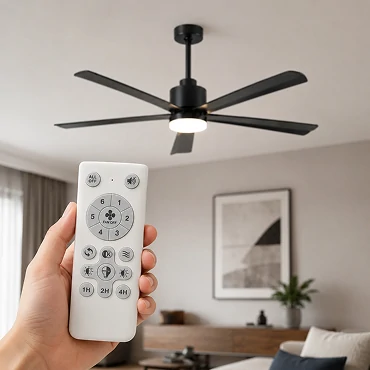 handheld remote controlling 54 inch black modern LED ceiling fan showing smart control system for speed lighting and timer functions
