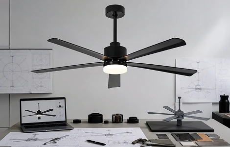 54 inch black modern LED ceiling fan showing dc motor efficiency performance with energy saving airflow system for residential and commercial spaces