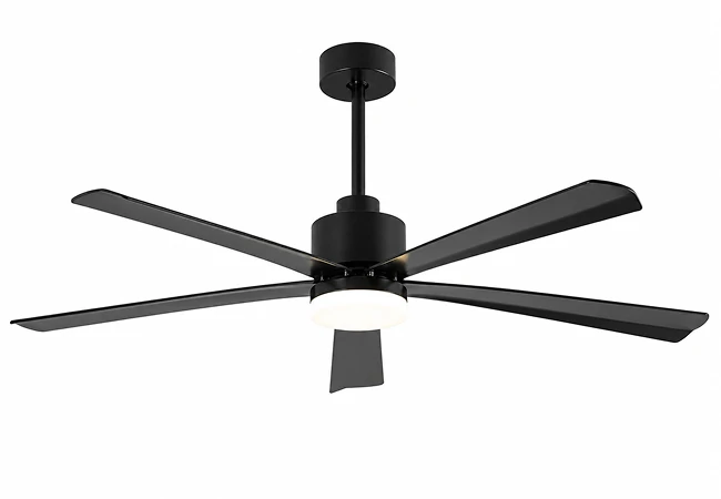 54 inch black modern LED ceiling fan studio product image showing clean design blades and integrated lighting system for residential and commercial use