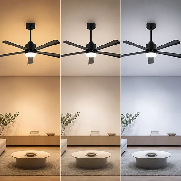 54 inch black modern LED ceiling fan with 3cct lighting system showing warm neutral and white light modes for residential interiors