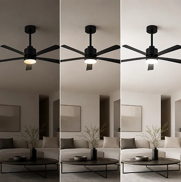 modern black 54 inch ceiling fan with dimmable LED lighting system showing adjustable brightness levels in contemporary living room