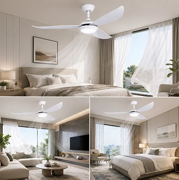 52 inch ultra thin ceiling fan with light showing 6 speed air control performance in modern residential and hotel interior spaces